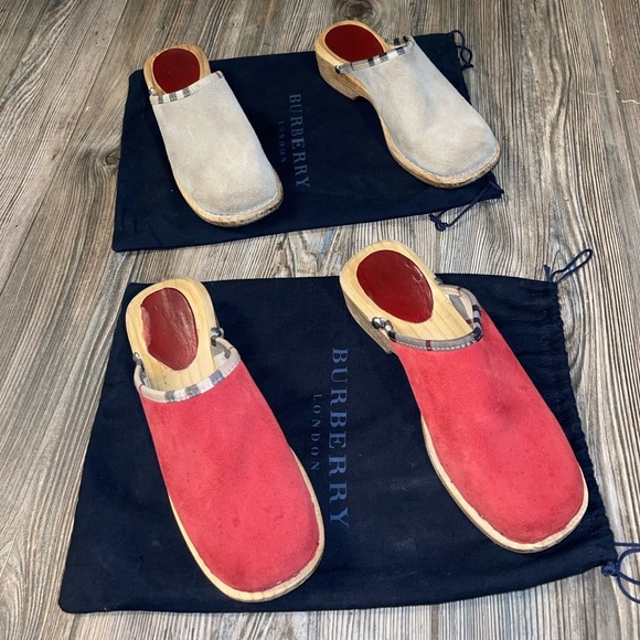 Vintage Burberry Red & Tan Clogs Classic 2 Pairs With Burberry Cloth Bags size 6 - Picture 1 of 14